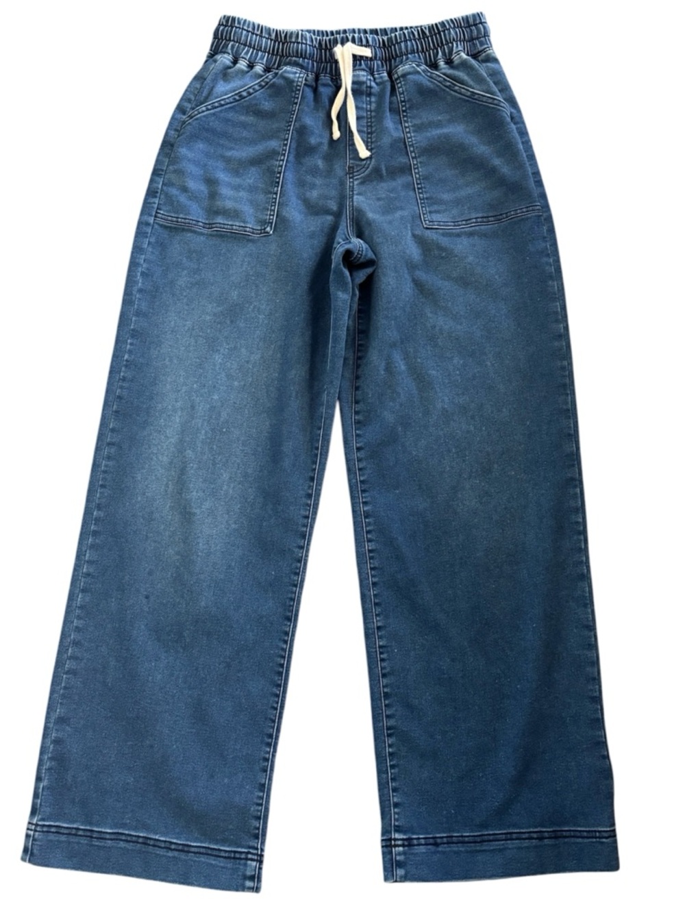 Women's Wide-Leg Denim Jeans with Drawstring Waist - Blue